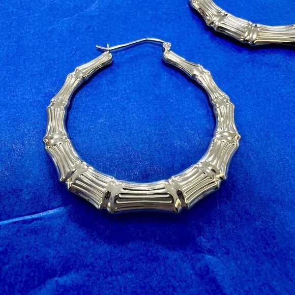 14k Gold Polished Bamboo Hoop Earrings - Picture 7 of 14